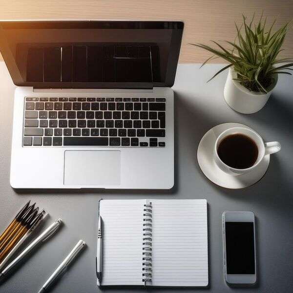 Καθαρό λευκό γραφείο με φορητό υπολογιστή και απλή οργάνωση